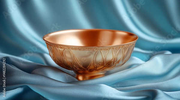 Fototapeta Copper bowl on a light teal silk background.