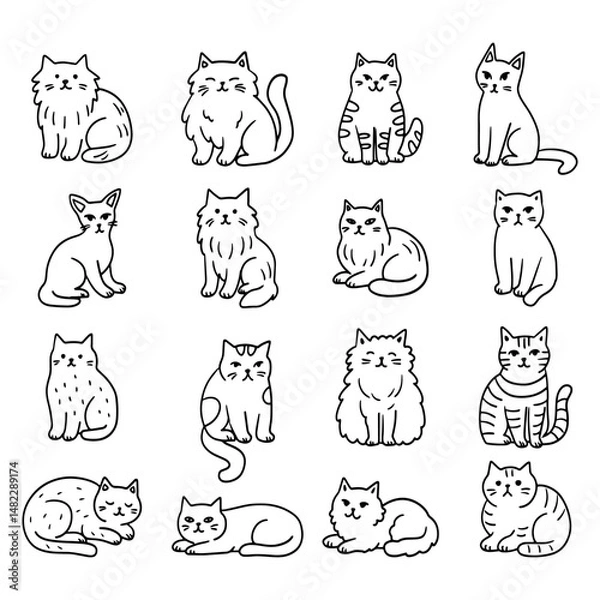 Obraz Set of cats of different breeds, in different poses. Contour cats and kittens. Cute cats, playful cats. Children stickers racy vector clipart