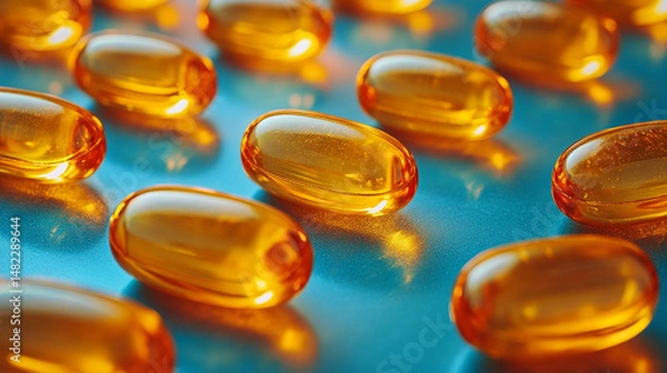 Fototapeta Close-up of multiple translucent orange capsules on a reflective turquoise surface.