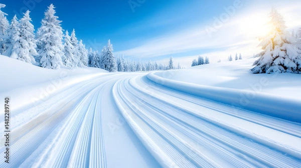 Obraz Ski Trail. Groomed Cross-Country Ski Trail on Snowy Mountain Road in Winter