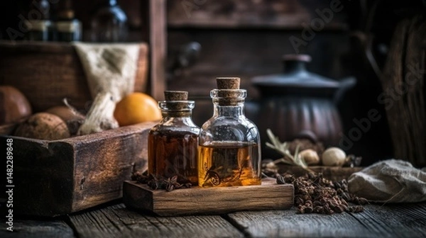 Obraz Rustic table with herbal bottles and old books for apothecary vintage medicine healing natural remedy antique scene