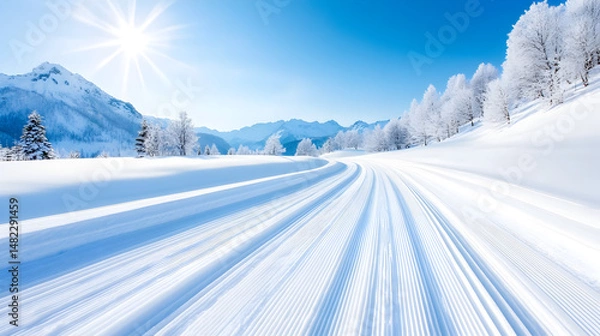 Obraz Ski Trail. Groomed Cross-Country Ski Trail on Snowy Mountain Road in Winter