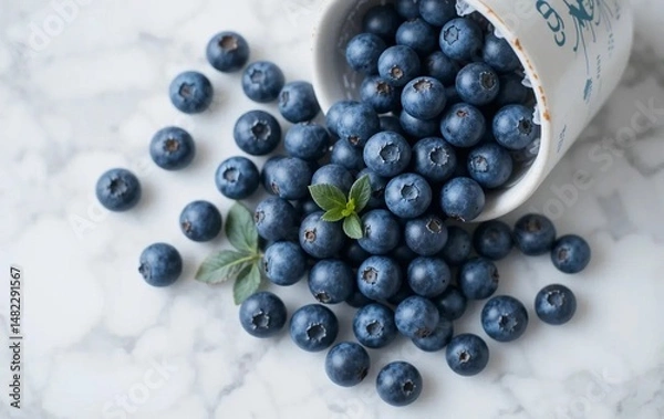 Obraz Blueberries spill from a white cup onto a marble surface in a minimalist display