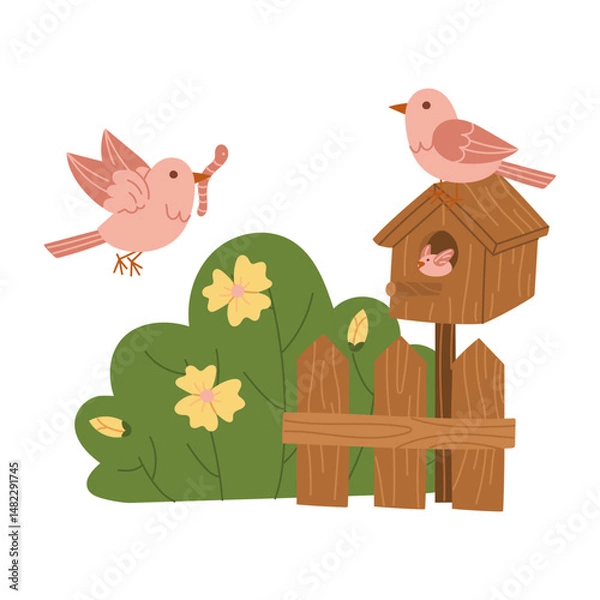 Fototapeta Illustration birdhouse with birds and flowering bush. bird family, Dad came to feed baby bird with worm. collection of color illustrations. Suitable spring postcards, prints, blog design, children's