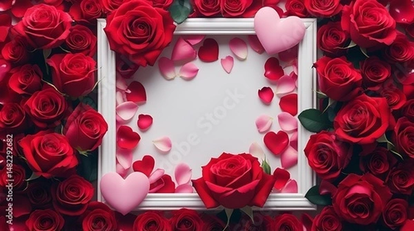 Obraz Romantic Red Rose Frame with Scattered Petals and Pink Hearts – Elegant Love and Passion Background Design. Ai Gen