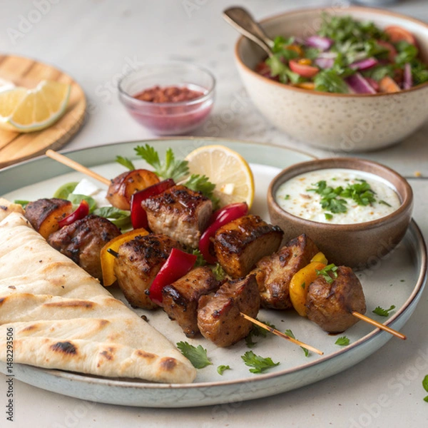 Fototapeta  Grilled meat kebabs with vegetables served on plate with salad  