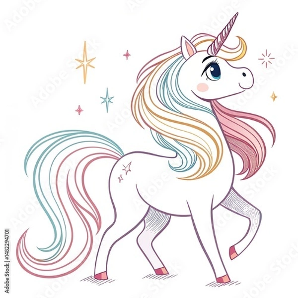 Fototapeta A cute unicorn line art vector illustration. line drawing vector illustration