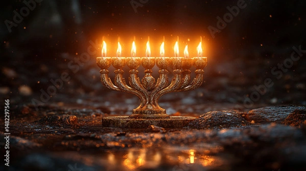 Fototapeta Hanukkah menorah with burning candles on a dark rocky surface.