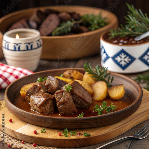 Fototapeta Succulent beef stew with potatoes served in a rustic wooden bowl, finnish-venison-meat