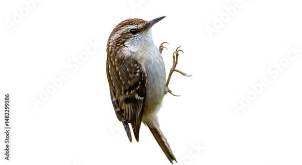 Fototapeta Eurasian treecreeper clings gracefully to an invisible surface against white background