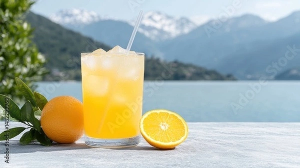Obraz Refreshing Orange Juice with Mountain Lake View juice orange refreshing lake mountain view drink ice
