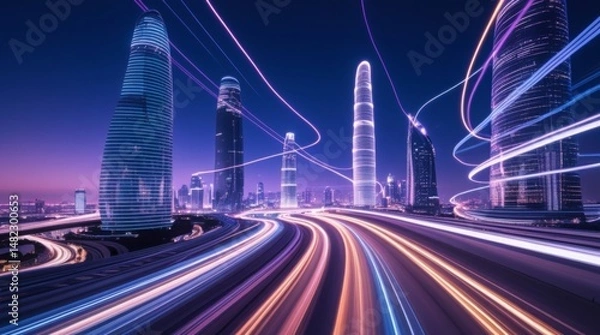 Fototapeta  Aerial cityscape with glowing neon lights, futuristic architecture, and sun flare over skyscrapers 