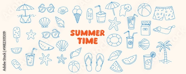 Obraz Fun Summer Hand Drawn Doodle Collection Featuring Beach Essentials, Ice Cream, Cocktails, Palm Trees, Sun Symbols, and Coastal Vacation Vibes

