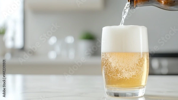 Obraz Pouring Refreshing Beer into a Glass in a Bright Kitchen pouring glass kitchen bright foam bubbles