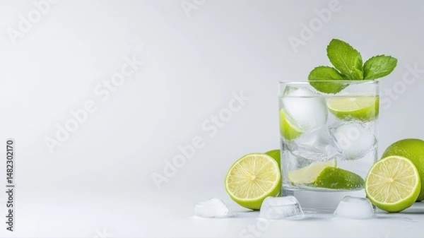 Fototapeta Refreshing Lime Drink with Mint and Ice Cubes on White Background drink lime mint ice refreshing tea