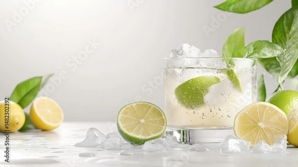 Fototapeta Refreshing Lemon and Lime Drink with Ice and Citrus Fruits on White refreshing ice lemon lime citrus