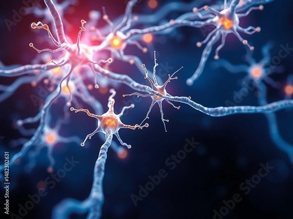Fototapeta Neuron network with glowing synapses and neural transmission in action