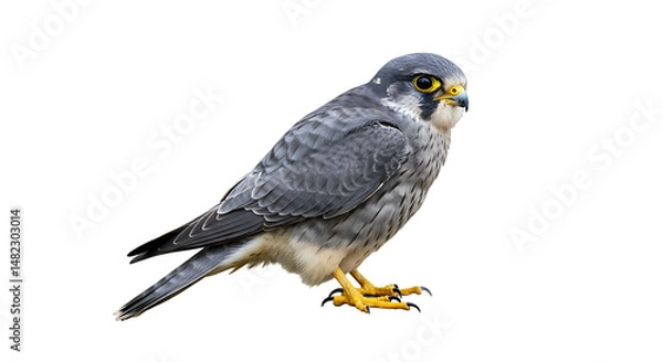 Fototapeta Peregrine Falcon Perched, Isolated on White Background, Displaying Plumage