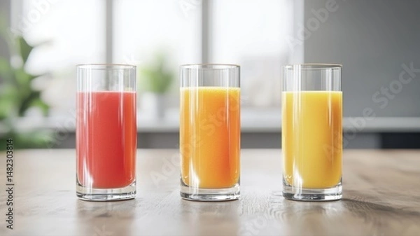 Fototapeta Glasses of Colorful Fruit Juices on Wooden Table glasses colorful table juice drink beverage variety