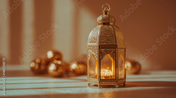 Obraz Ancient Golden Lantern Emitting Light – Elegant Minimalist Islamic Background with Copyspace for Ramadan or Eid al-Fitr
