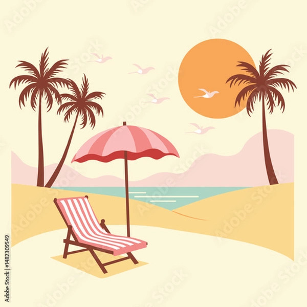 Fototapeta Minimalist tropical beach with sunbed, umbrella, palm trees and sunset over the sea. Calm and relaxing summer scene in soft tones
