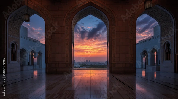 Obraz Arched Mosque Window Framing Silhouette of Mosque Against a Dramatic Sky – Islamic-Themed Background