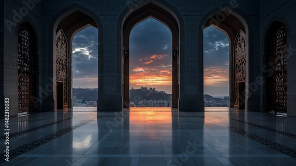 Obraz Arched Mosque Window Framing Silhouette of Mosque Against a Dramatic Sky – Islamic-Themed Background