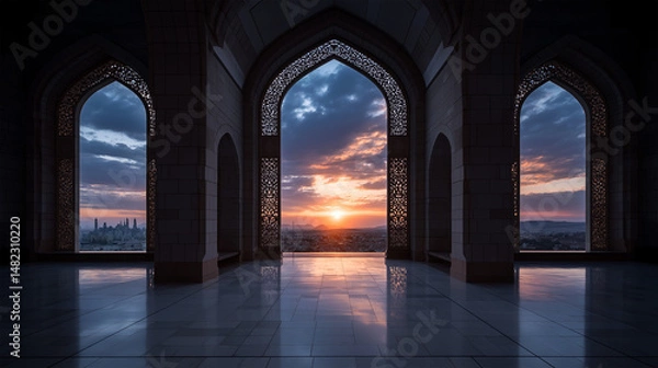 Obraz Arched Mosque Window Framing Silhouette of Mosque Against a Dramatic Sky – Islamic-Themed Background