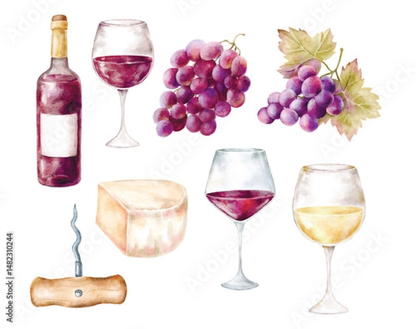 Fototapeta Collection of separate watercolor elements: wine bottle, red and white wine glasses, grape clusters, cheese wedge, and corkscrew. Perfect for DIY stationery, invitations, or digital scrapbooking.