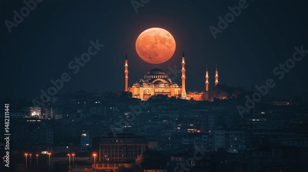 Obraz Fatih Mosque with Eclipse Moon – Islamic or Ramadan Themed Background Photo