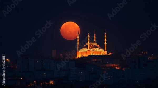 Obraz Fatih Mosque with Eclipse Moon – Islamic or Ramadan Themed Background Photo