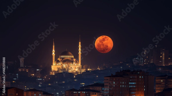 Obraz Fatih Mosque with Eclipse Moon – Islamic or Ramadan Themed Background Photo
