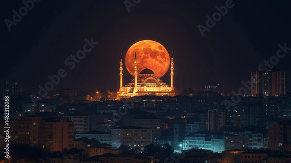 Obraz Fatih Mosque with Eclipse Moon – Islamic or Ramadan Themed Background Photo