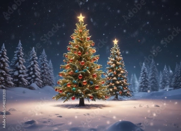 Obraz Glowing Christmas tree, vibrant baubles, snowy scene, festive backdrop ,  merry christmas,  gold