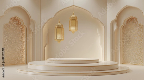 Obraz Eid al-Fitr and Eid al-Adha 3D Illustration – Minimalist White and Gold Islamic Podium with Copy Space for Product Display