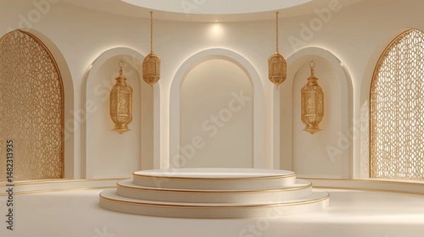 Obraz Eid al-Fitr and Eid al-Adha 3D Illustration – Minimalist White and Gold Islamic Podium with Copy Space for Product Display