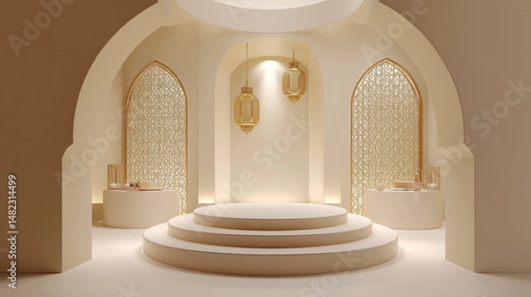 Obraz Eid al-Fitr and Eid al-Adha 3D Illustration – Minimalist White and Gold Islamic Podium with Copy Space for Product Display