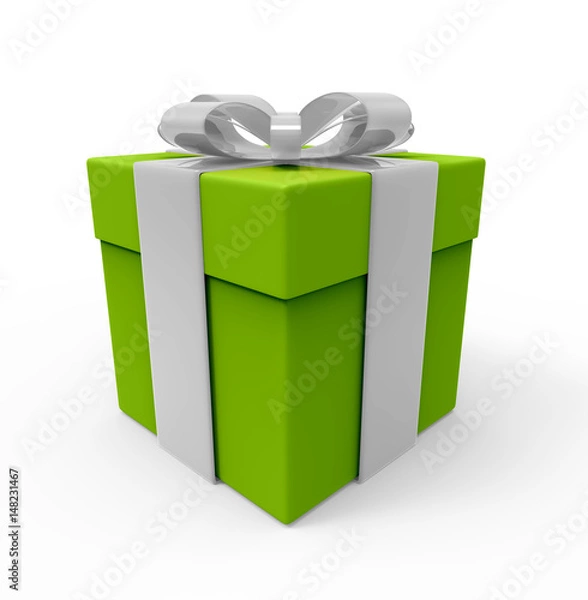 Fototapeta Green gift box with white ribbon. isolated on the white background with path.