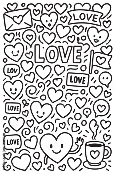 Fototapeta A vector background features love signs and handwritten “love” doodles, including hearts, arrows, and romantic phrases in a sweet, playful sketch style.

