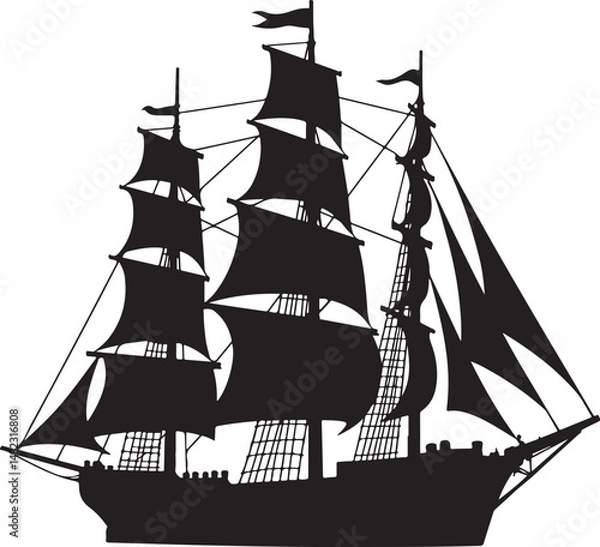 Fototapeta Sailing Silhouette on the Sea: A majestic tall ship, its sails billowing in the wind, gracefully glides across the open sea, a timeless symbol of adventure and exploration.