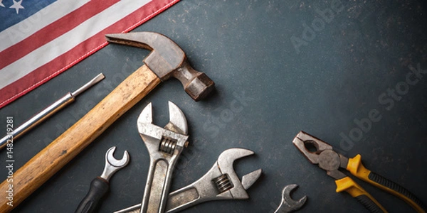 Obraz Industry background. Construction industry with tools concept of Labor Day against a concrete background featuring the American flag. Celebration of work, hammer, wrench, pliers, screwdriver