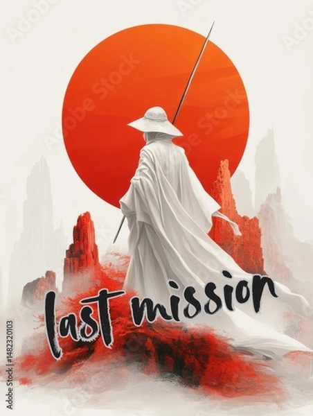 Fototapeta Illustration of a man in a white cloak and hat with a sword on the background of the sun