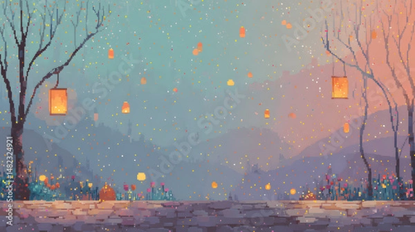 Obraz A whimsical pixel forest scene at dusk with lanterns hanging from trees, casting a warm glow over a cobbled path. The forest is alive with tiny creatures, glowing orbs, and pixelated flowers swaying