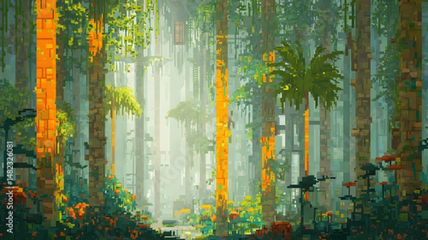 Obraz A vibrant jungle-style pixel forest with towering palm trees, thick underbrush, and vines hanging between trunks. Tropical birds and colorful insects animate the lush surroundings. Sunbeams pierce