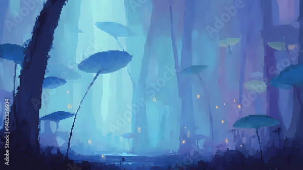 Obraz A magical pixel forest glade lit by bioluminescent plants and floating particles. Trees with twisted trunks and oversized leaves stretch upward, while small glowing creatures flutter between