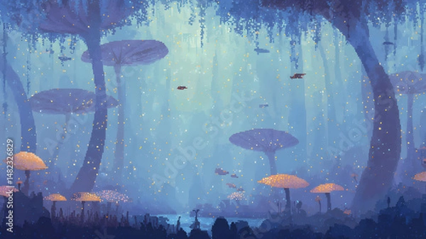 Obraz A magical pixel forest glade lit by bioluminescent plants and floating particles. Trees with twisted trunks and oversized leaves stretch upward, while small glowing creatures flutter between