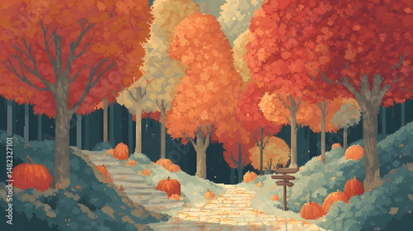 Obraz A pixel art autumn forest in full color, with trees painted in rich reds, oranges, and yellows. Leaves fall gently in layered loops, creating a sense of motion. A cobblestone path winds through the