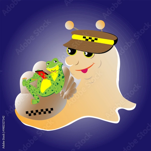 Fototapeta Funny taxi driver snail & smart frog. Vector graphics.