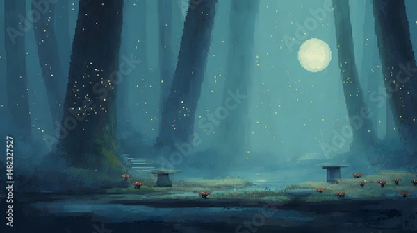 Obraz A dark and moody pixel forest at night with glowing eyes between tree trunks and thick mist hanging low to the ground. The terrain includes broken pathways, stone altars, and moss-covered rocks. A