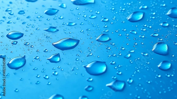 Fototapeta Glossy blue water droplets evenly spread on a solid blue background, ideal for hygiene, spray ads, or product textures.
